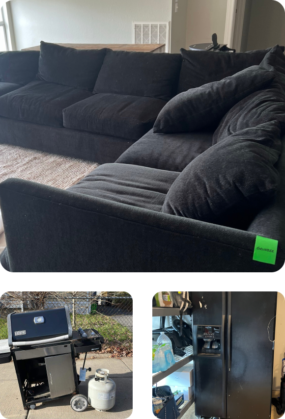 A black sofa with a green 'junk' tag, indicating it is ready for pickup, showcasing efficient waste removal services, A stove placed on the curb, ready for disposal, A black refrigerator designated for scrap, awaiting recycling