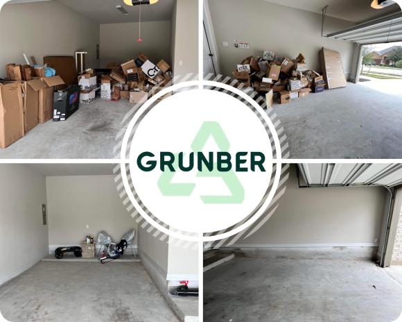 The Grunber logo displayed alongside before and after images of completed jobs, showcasing the company's professional services and transformational outcomes