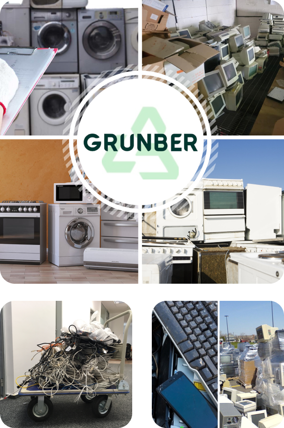 Various images showcasing E-waste alongside the Grunber logo