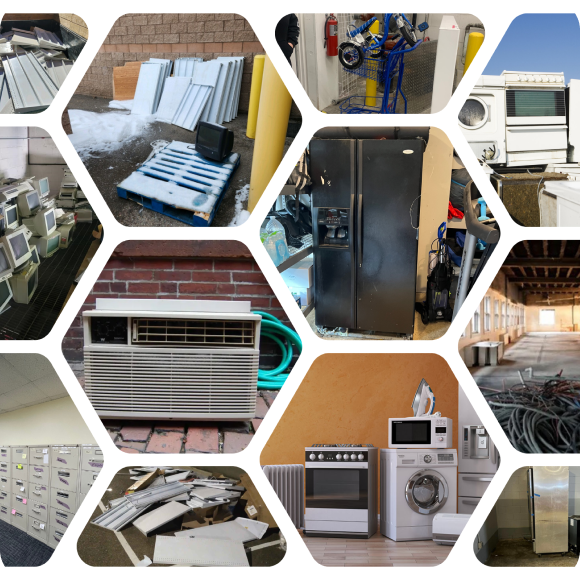 Collection of images depicting electronic waste (E-waste) in various forms