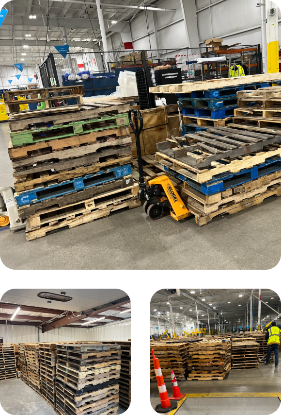 Two stacks of pallets neatly arranged in a warehouse, indicating efficient storage and organization in a commercial setting, High-quality pallets neatly arranged on a loading dock, ready for shipment or storage, reflecting efficient logistics and inventory management