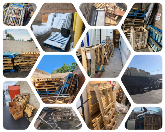 A composite image featuring various jobs completed by Grunber, showcasing wood, pallets, and crates across different projects, demonstrating the company's versatility and expertise in waste management and transportation