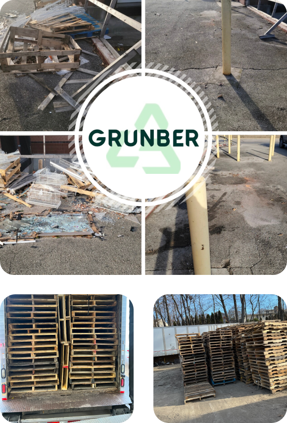 Before and after images of Grunber jobs involving the removal of wood and pallets, highlighting the transformation from cluttered spaces to clean and organized environments, A box truck completely filled with pallets, Stacked pallets arranged outdoors, showcasing organized storage or transportation logistics in an industrial or commercial setting