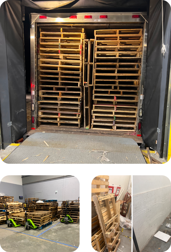 A 24ft box truck stationed at a loading dock, surrounded by wooden pallets, indicating a busy warehouse operation and logistical coordination, Several stacks of wooden pallets with pallet jacks nearby, illustrating organized inventory management and transportation logistics in a warehouse, A before-and-after comparison showing the site before and after the removal of wooden pallets, highlighting the efficiency and tidiness of the cleanup process