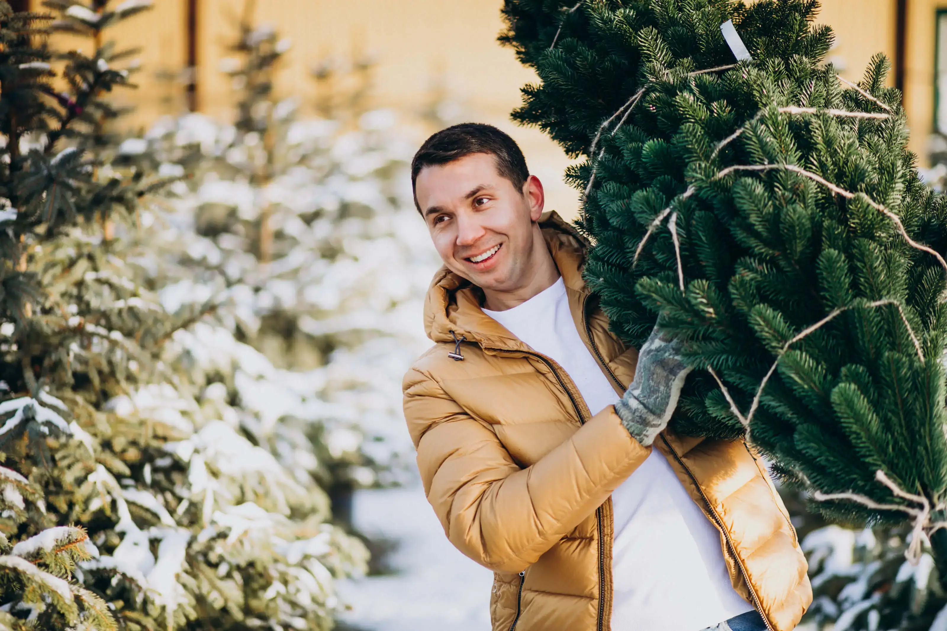 A man holding a christmas tree