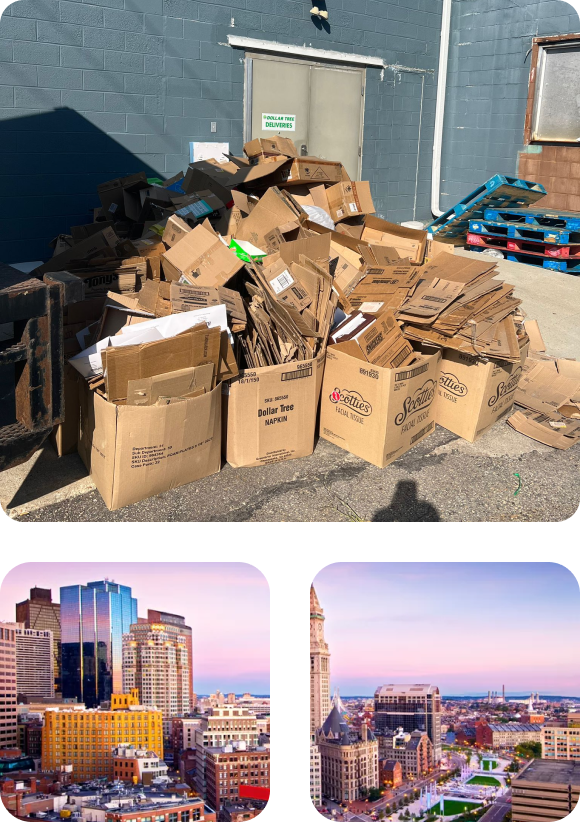 Stack of loose cardboard boxes at the back of the store, Cityscape view of downtown Boston with building views