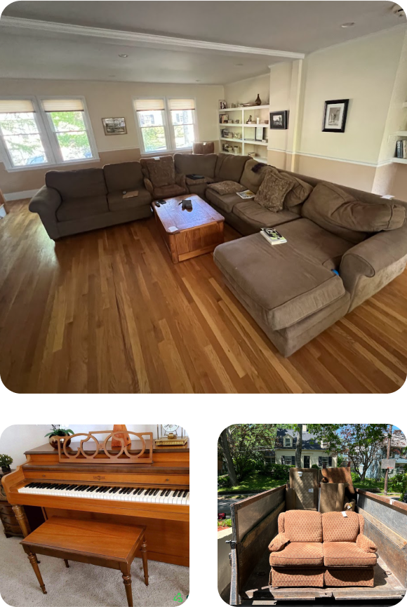 Brown sectional couch with books and table in cozy living space, Brown piano in elegant home interior, Loveseat loaded in a trailer for transport