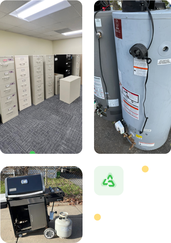 File cabinet in an office, water heaters, and a stove with a gas tank on the curbside