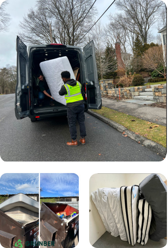 Grunber team members loading a mattress into their van, Multiple mattresses neatly stacked against a wall , Illegal dumping of two mattresses in a dumpster;