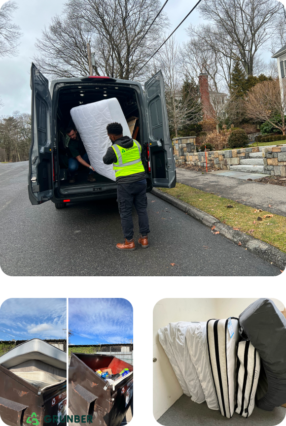 Grunber team members loading a mattress into their van, Multiple mattresses neatly stacked against a wall , Illegal dumping of two mattresses in a dumpster;